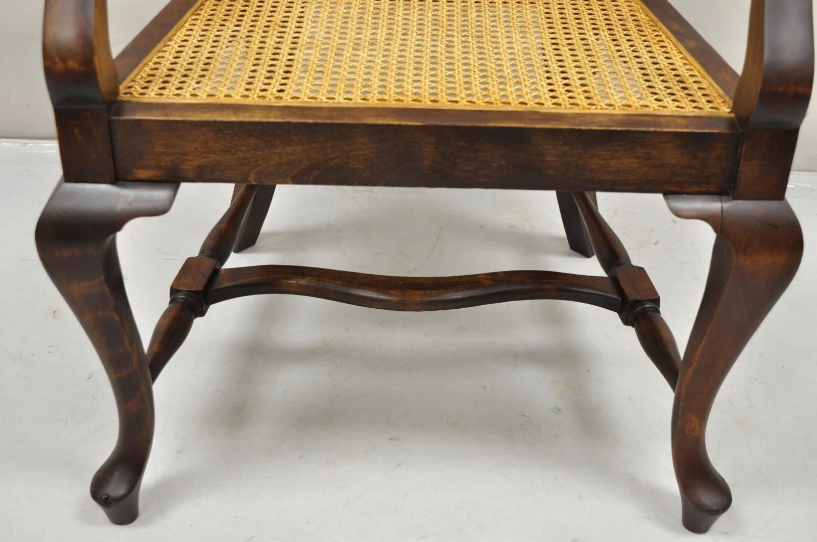 Antique Victorian Walnut and Cane Carved Lounge Arm Chair w/ Queen Anne Legs