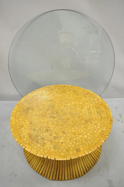 Hollywood Regency McGuire Style Sheaf of Wheat Bamboo 48" Glass Coffee Table