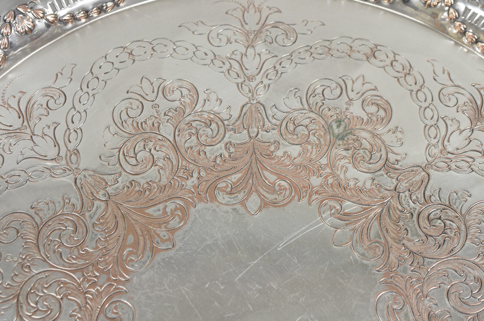 W.K. Cowan & Co 20" Round English Edwardian Silver Plated Footed Salver Tray