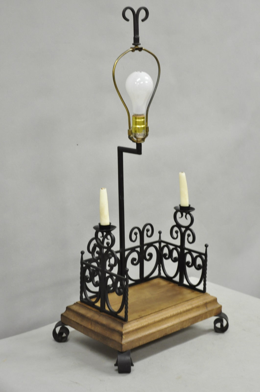 Vintage French Country Gothic Renaissance Scrolling Wrought Iron Wood Table Lamp