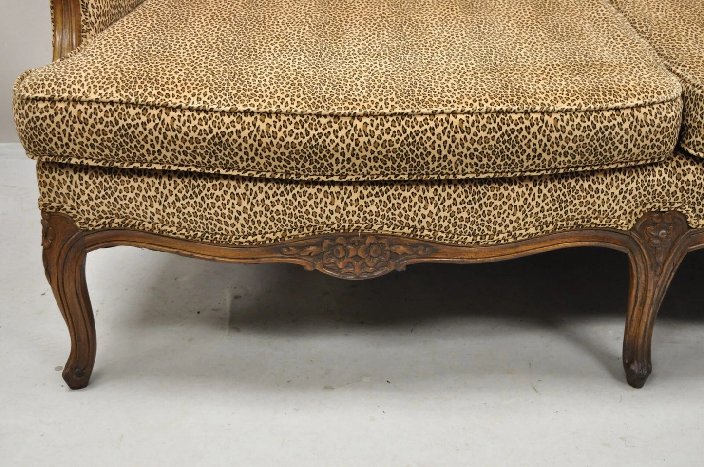 Vintage French Country Louis XV Carved Walnut Cheetah Print Wingback Sofa Settee