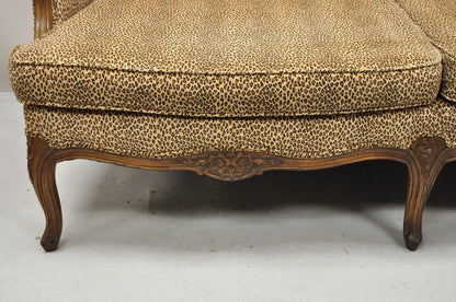 Vintage French Country Louis XV Carved Walnut Cheetah Print Wingback Sofa Settee