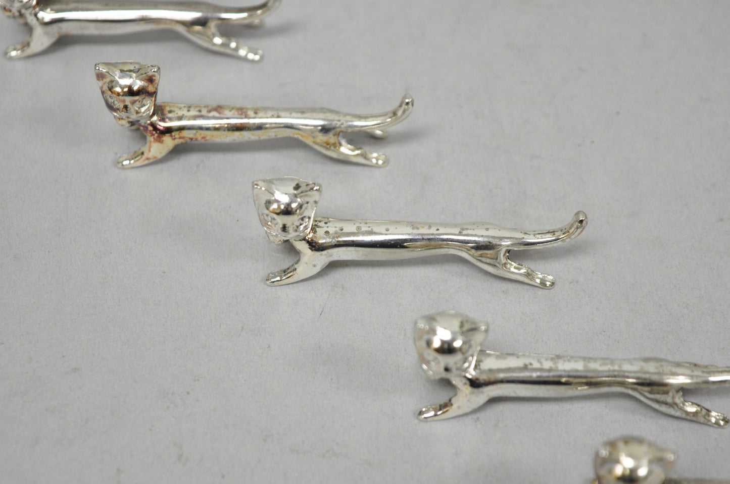 Vintage Art Deco Small Silver Plated Metal Figural Cat Knife Rests - Set of 5