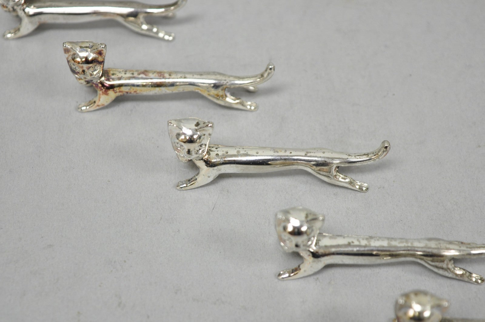 Vintage Art Deco Small Silver Plated Metal Figural Cat Knife Rests - Set of 5