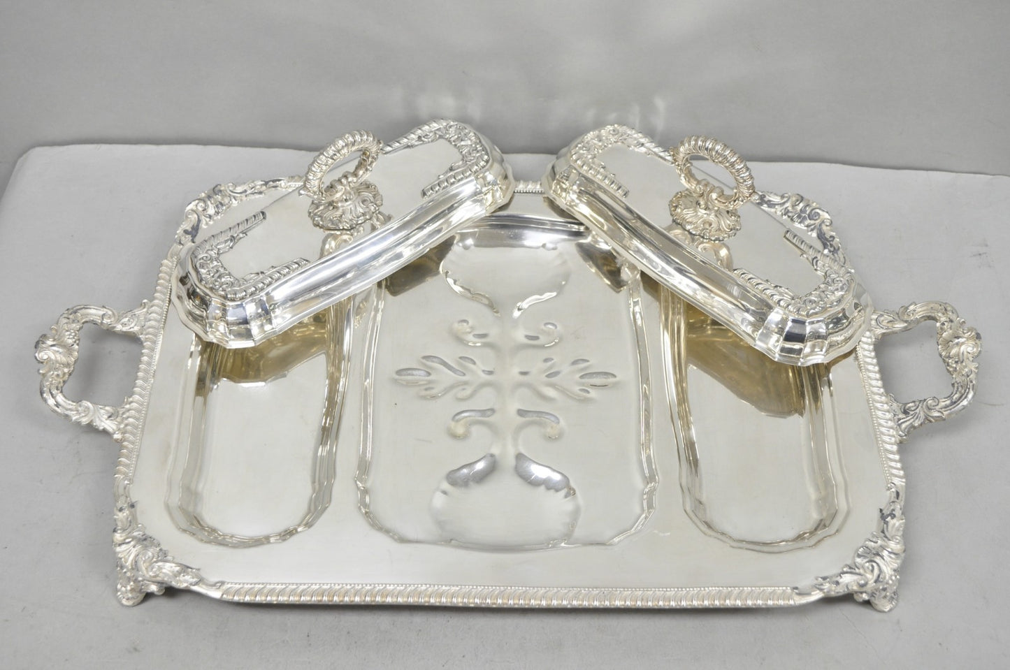 Vintage Victorian Silver Plated Meat Serving Platter Tray w/ Covered Dishes
