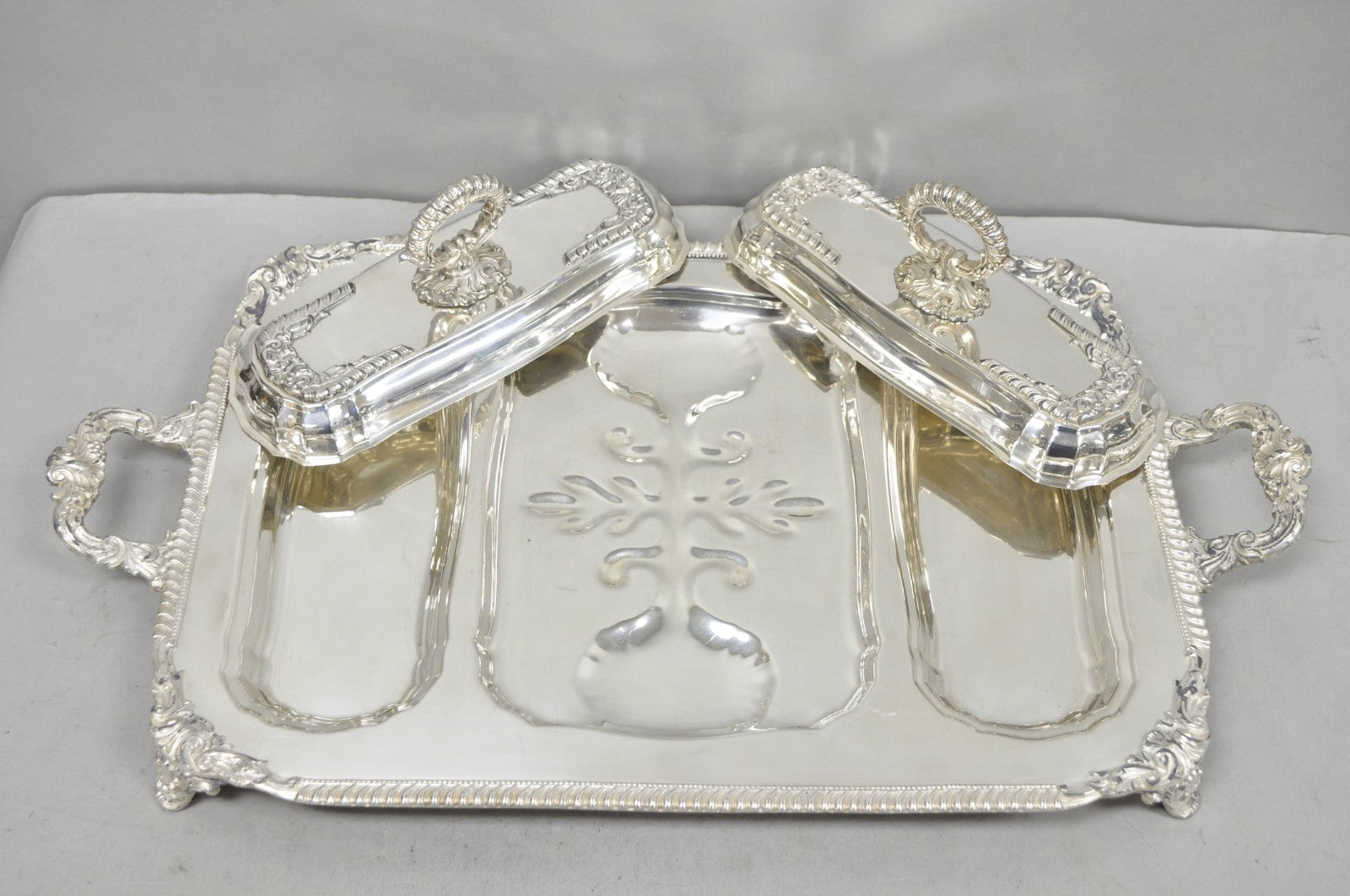 Vintage Victorian Silver Plated Meat Serving Platter Tray w/ Covered Dishes