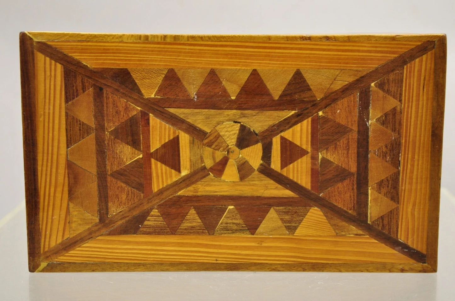 Vintage Folk Art Marquetry Inlay Small Wooden Primitive Footstool Ottoman Stool