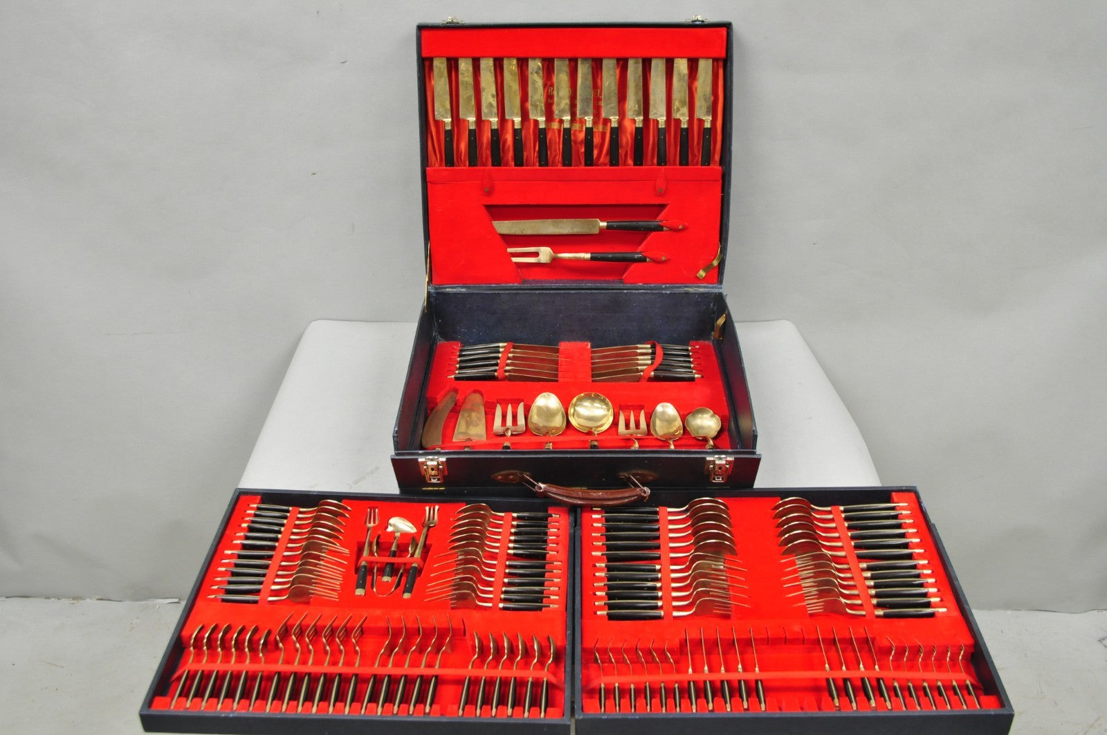 Vintage Bangkok Jewels Bronze Brass & Celluloid Flatware Set in Case - 130 Pcs