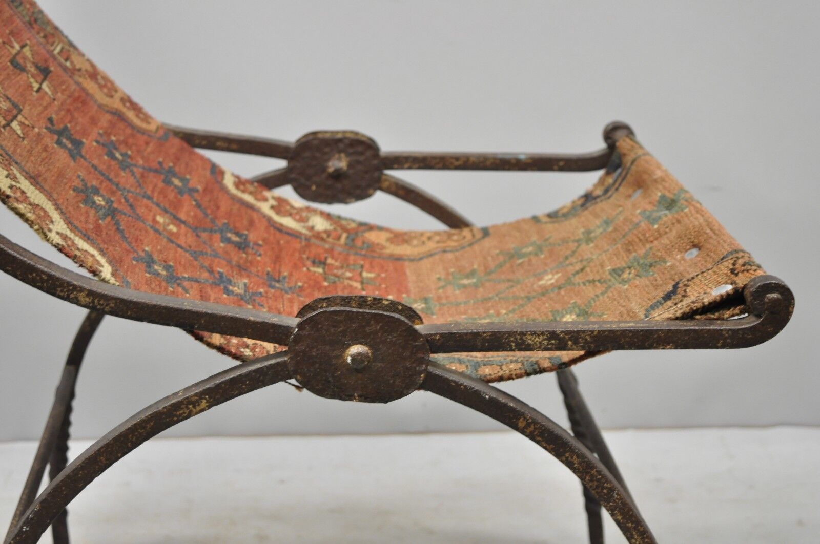 19th C. Renaissance Wrought Iron Curule Savonarola Carpet Sling Side Chair