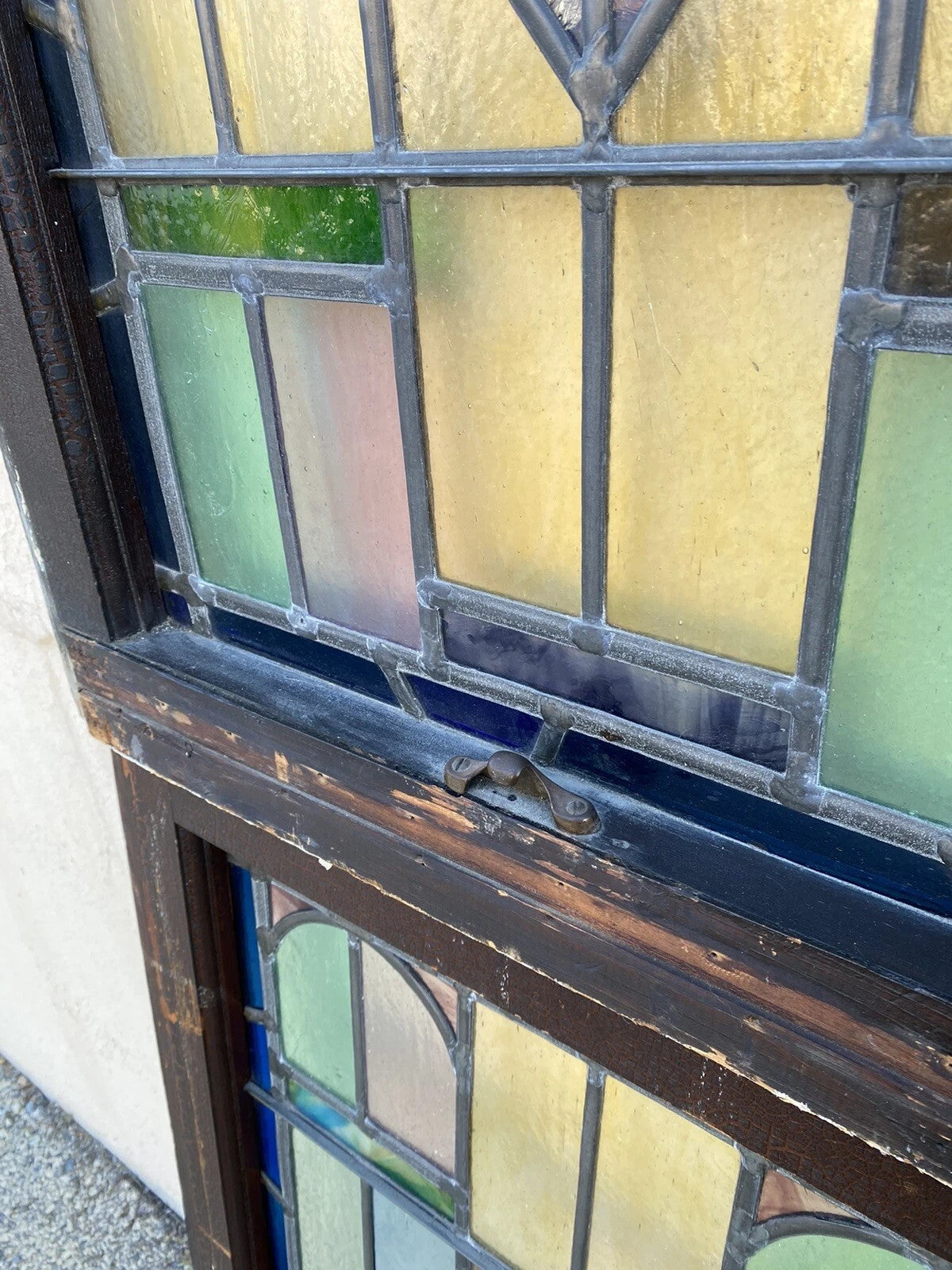 Antique Art Deco Leaded Stained Glass Pink Green Blue Yellow Windows - a Pair
