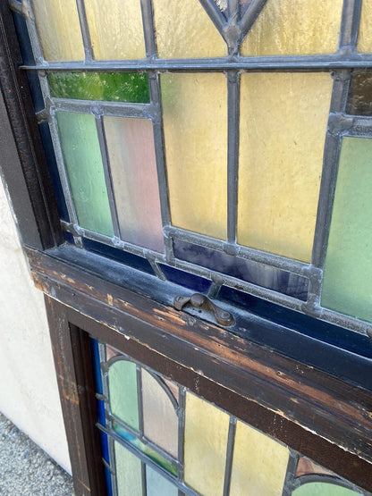 Antique Art Deco Leaded Stained Glass Pink Green Blue Yellow Windows - a Pair