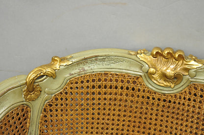 Vintage French Louis XV Style Green Painted Gold Gilt Cane Bergere Arm Chair