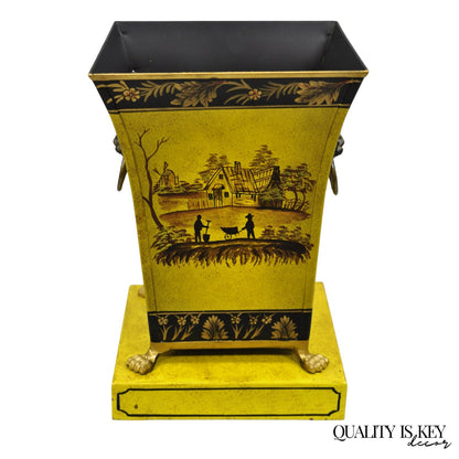 Vintage Chinoiserie French Country Yellow Metal Toleware Wastebasket Trash Can