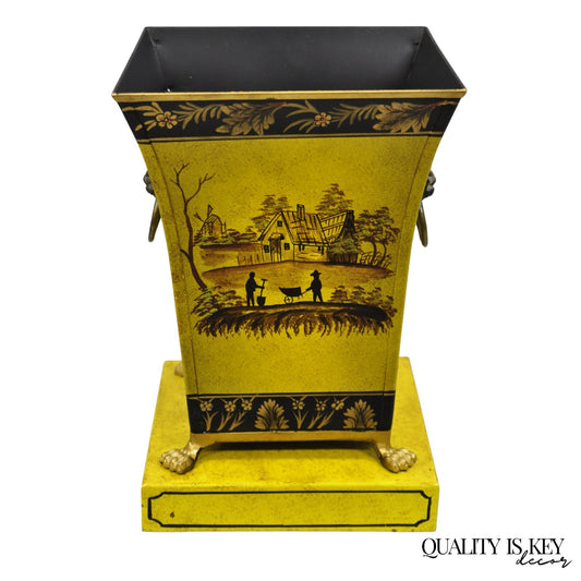 Vintage Chinoiserie French Country Yellow Metal Toleware Wastebasket Trash Can