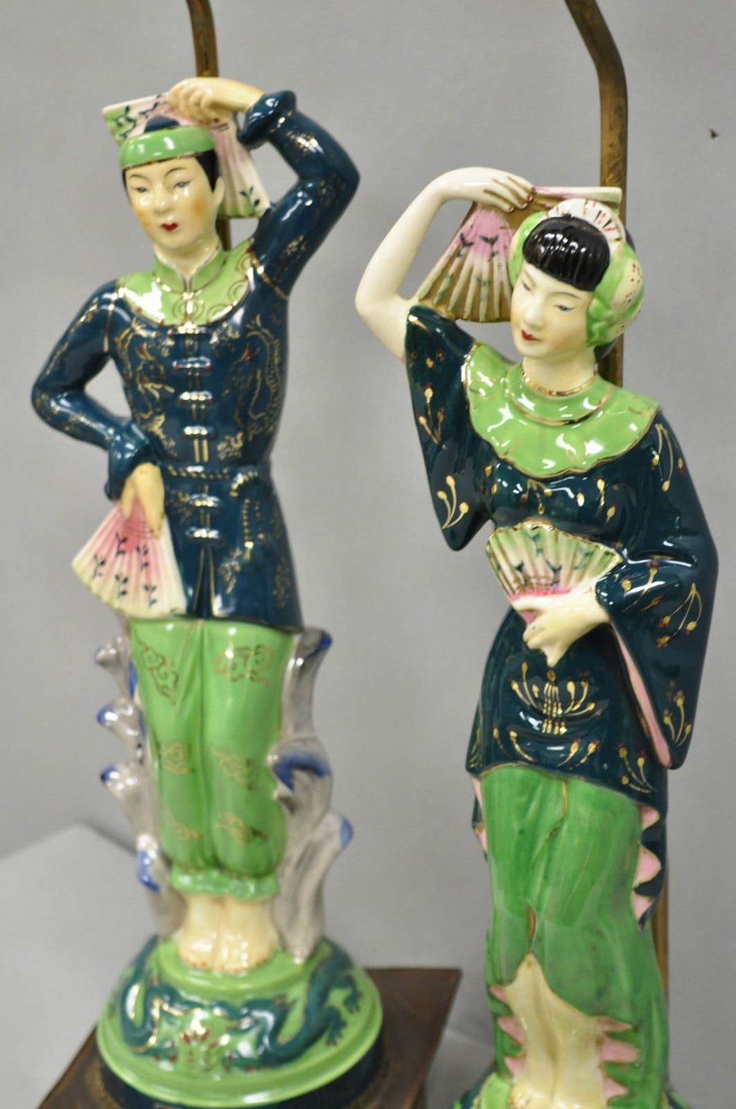 Vintage Art Deco Japanese Figural Green Porcelain Man & Women Table Lamps - Pair