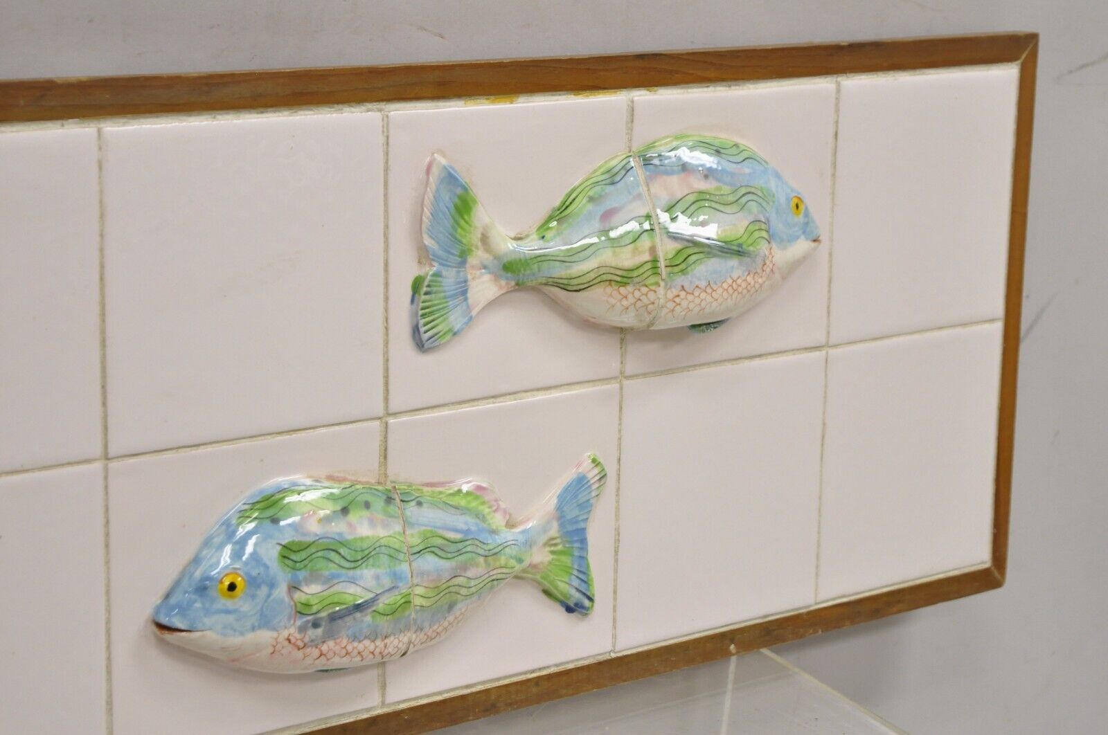 Vintage Mid Century Modern Glazed Ceramic Tile Framed Blue Green Fish Wall Art