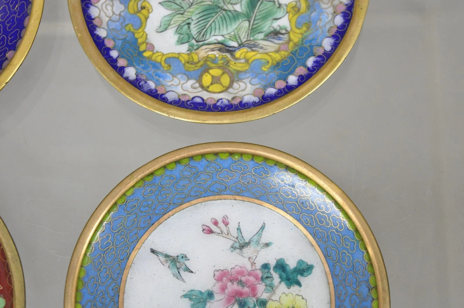 Vintage Chinoiserie Brass Enamel Cloisonne Small Trinket Dish - Set of 4