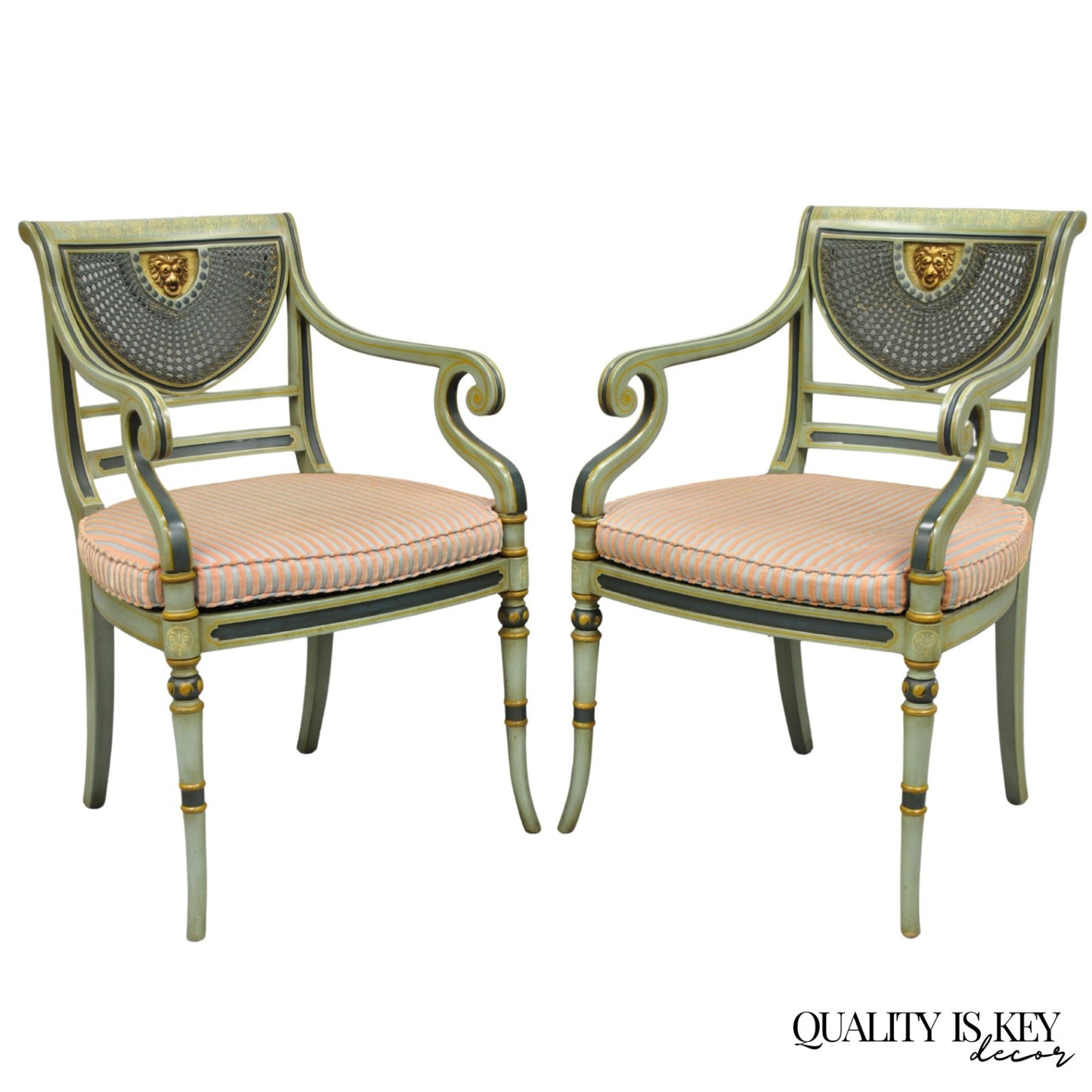 Smith & Watson Regency Adams Style Green Painted Cane Arm Chairs - a Pair