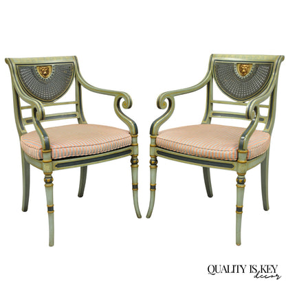 Smith & Watson Regency Adams Style Green Painted Cane Arm Chairs - a Pair