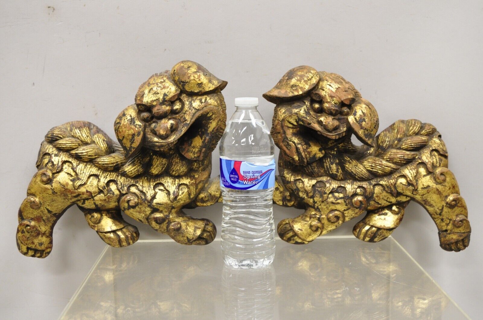 Vintage Carved Wood Gold Gilt Chinese Foo Dog Figurines - a Pair