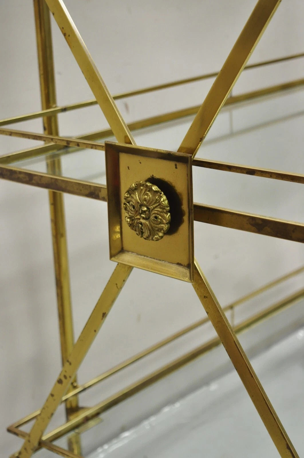 Mid Century Italian Modern 3 Tier Brass & Glass X-Frame Rolling Bar Cart Table