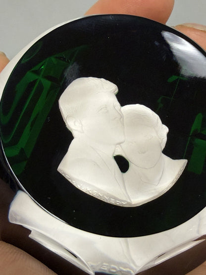 Cristal D'Albret France JFK Jackie Kennedy Sulphide Paperweight Faceted Green
