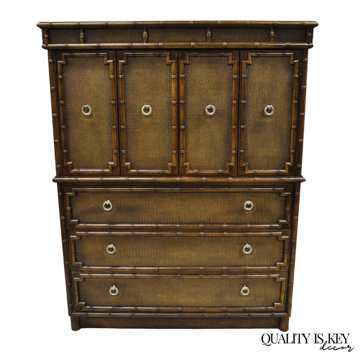 Drexel Chinese Chippendale Faux Bamboo Fretwork Rattan Tall Chest Dresser