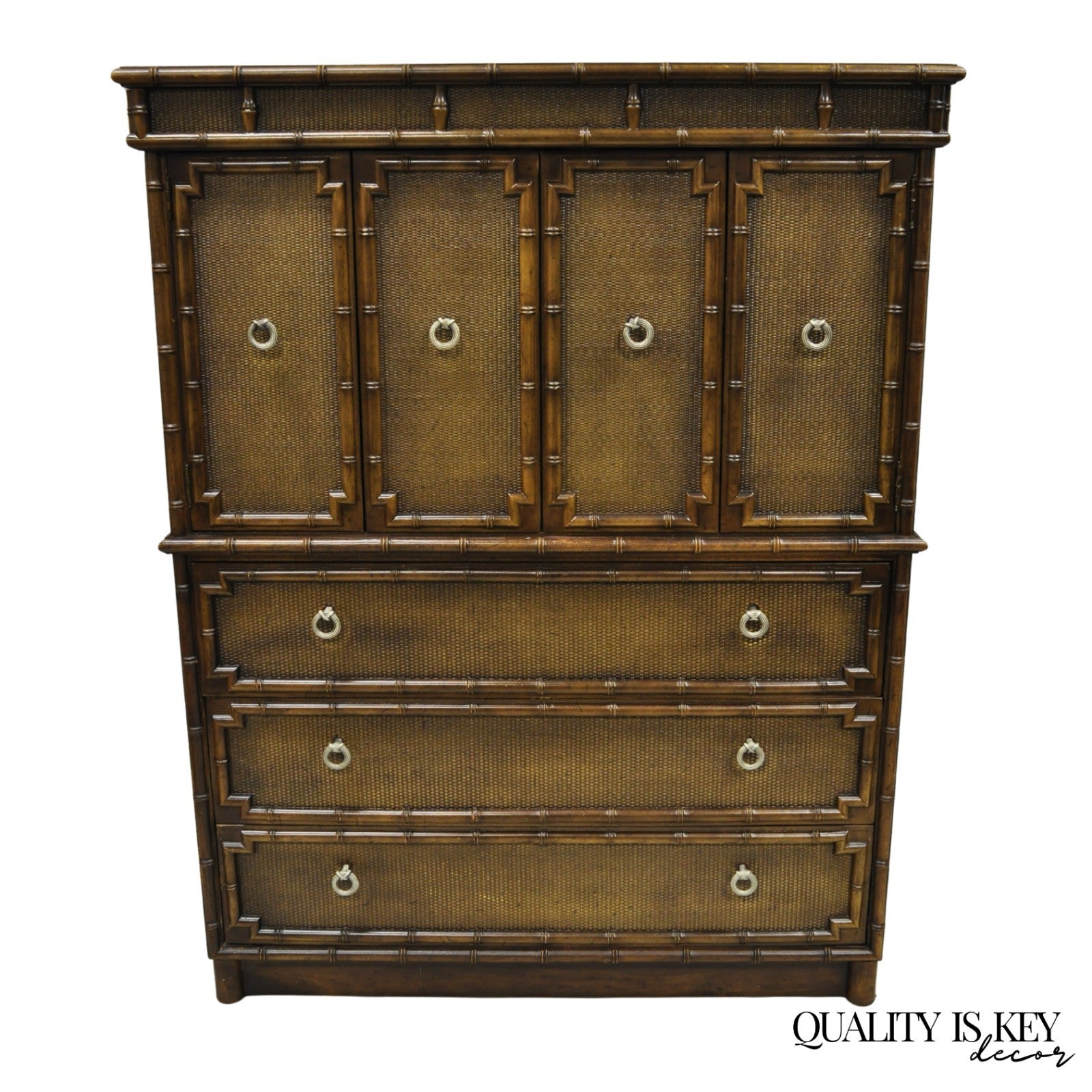 Drexel Chinese Chippendale Faux Bamboo Fretwork Rattan Tall Chest Dresser