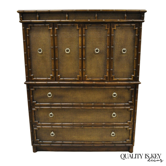 Drexel Chinese Chippendale Faux Bamboo Fretwork Rattan Tall Chest Dresser