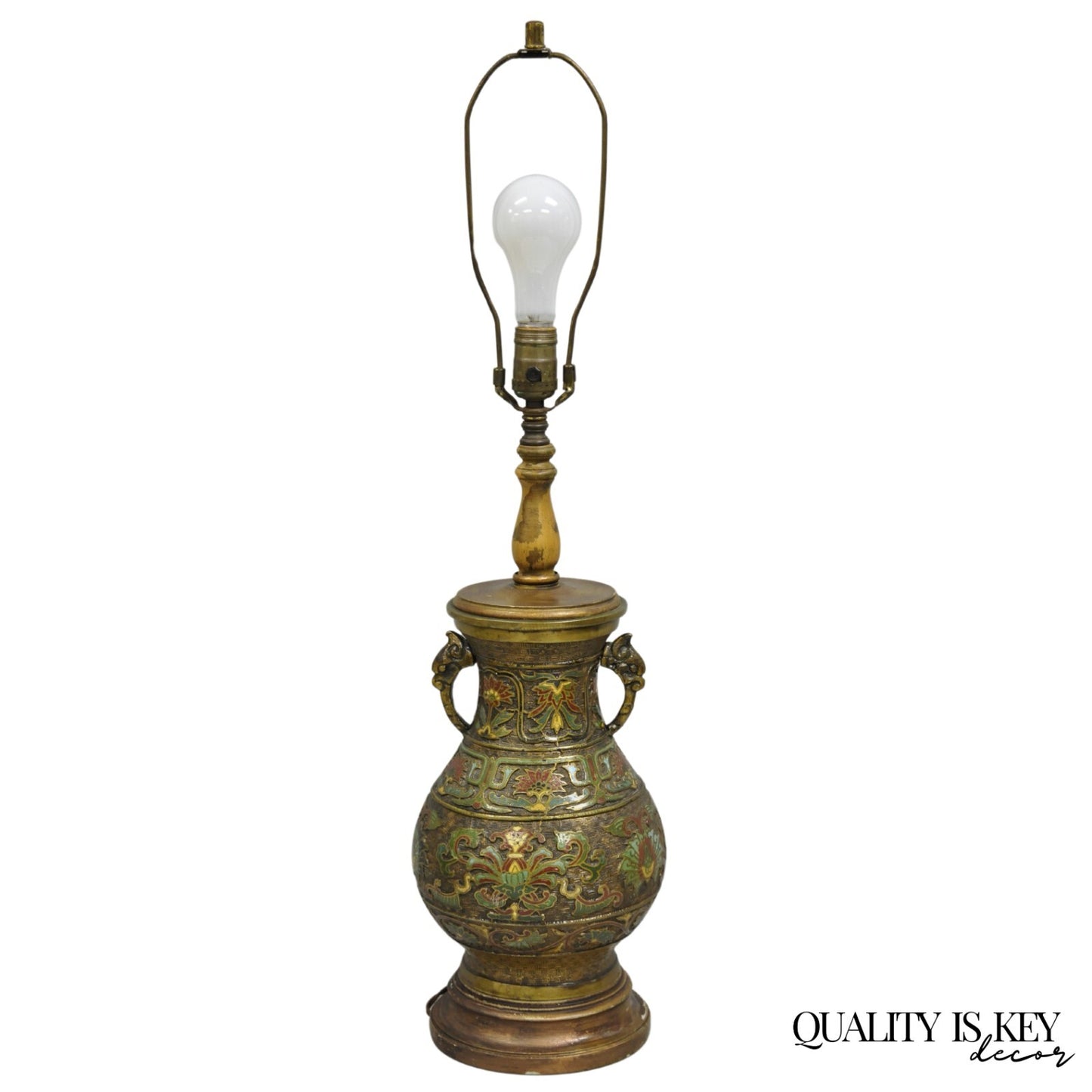 Vintage Chinese Porcelain Enamel Bronze Lacquered Cloisonne Champleve Table Lamp