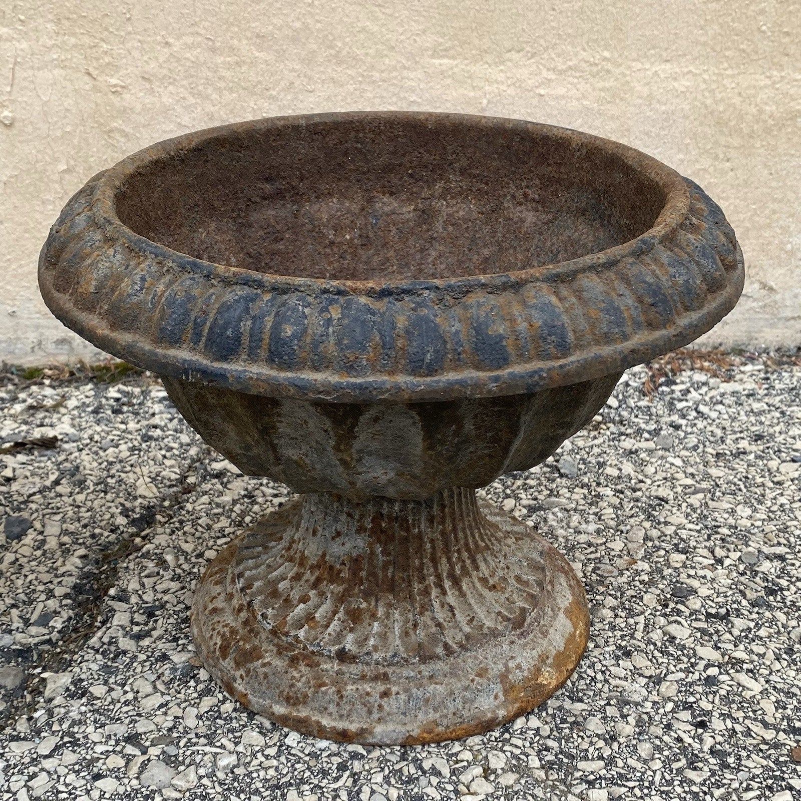Antique French Empire Style Small 12" Cast Iron Urn Garden Planter Pots - Pair