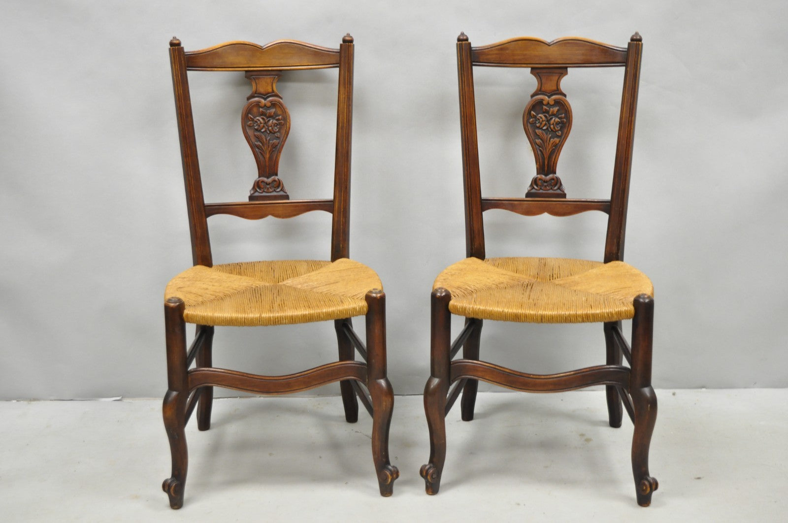 Antique William & Mary Style Carved Walnut Rose Rush Seat Side Chairs - a Pair