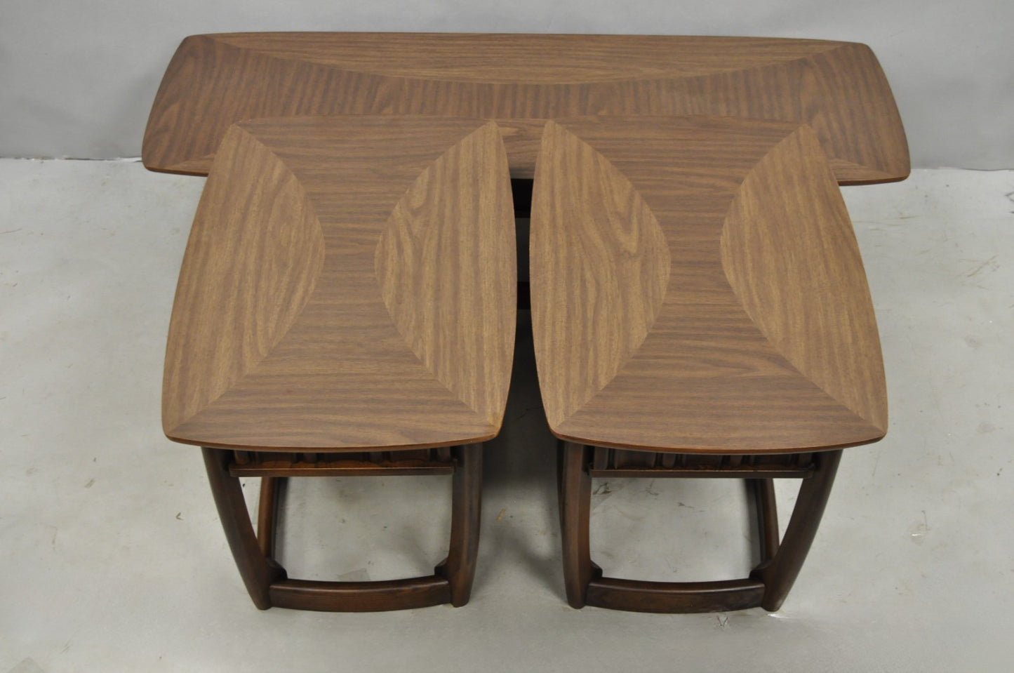 Vintage Mid Century Modern Sculpted Walnut & Laminate Coffee End Table Set 3 Pc