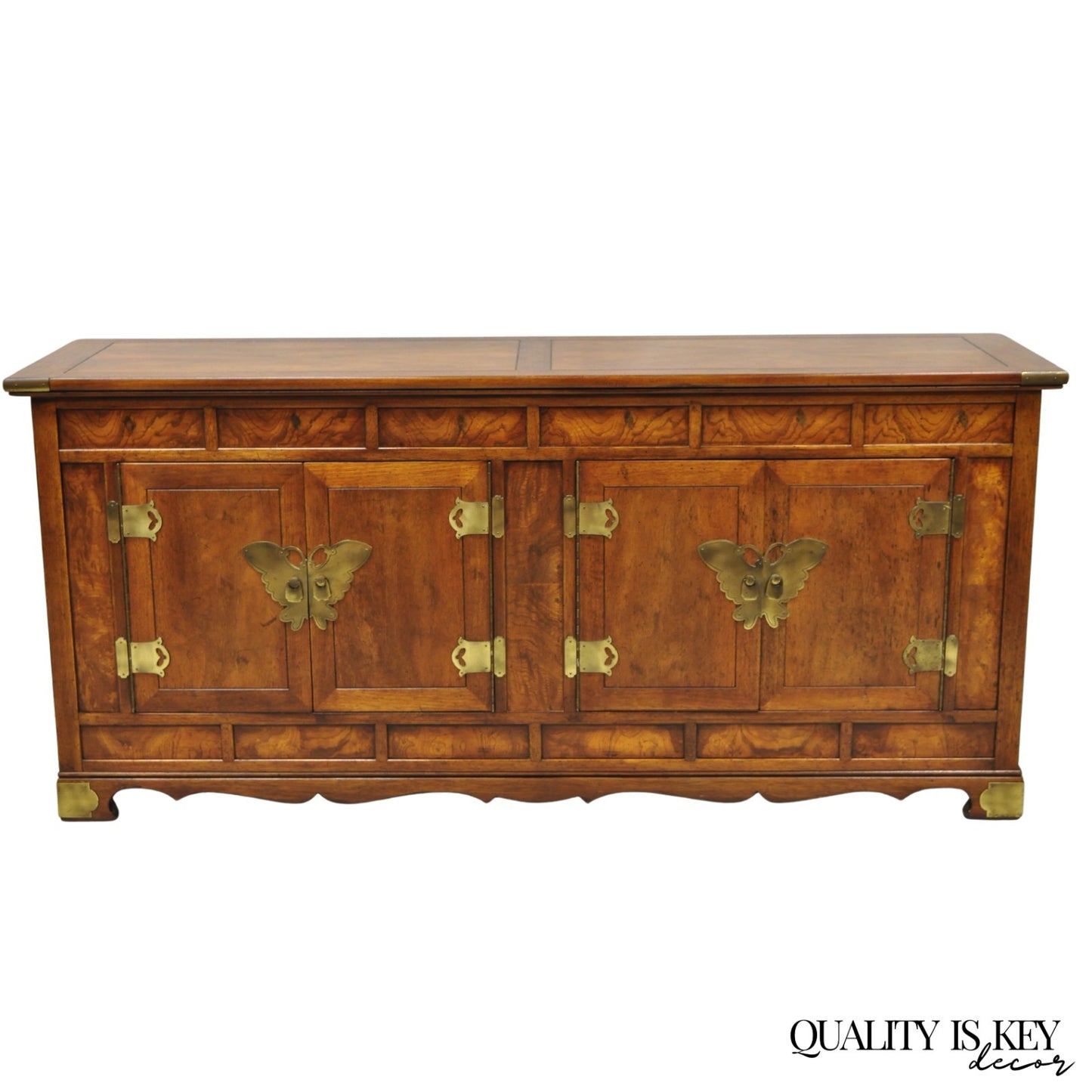 Vintage Henredon Chinoiserie Brass Butterfly Burl Wood Credenza Cabinet Buffet