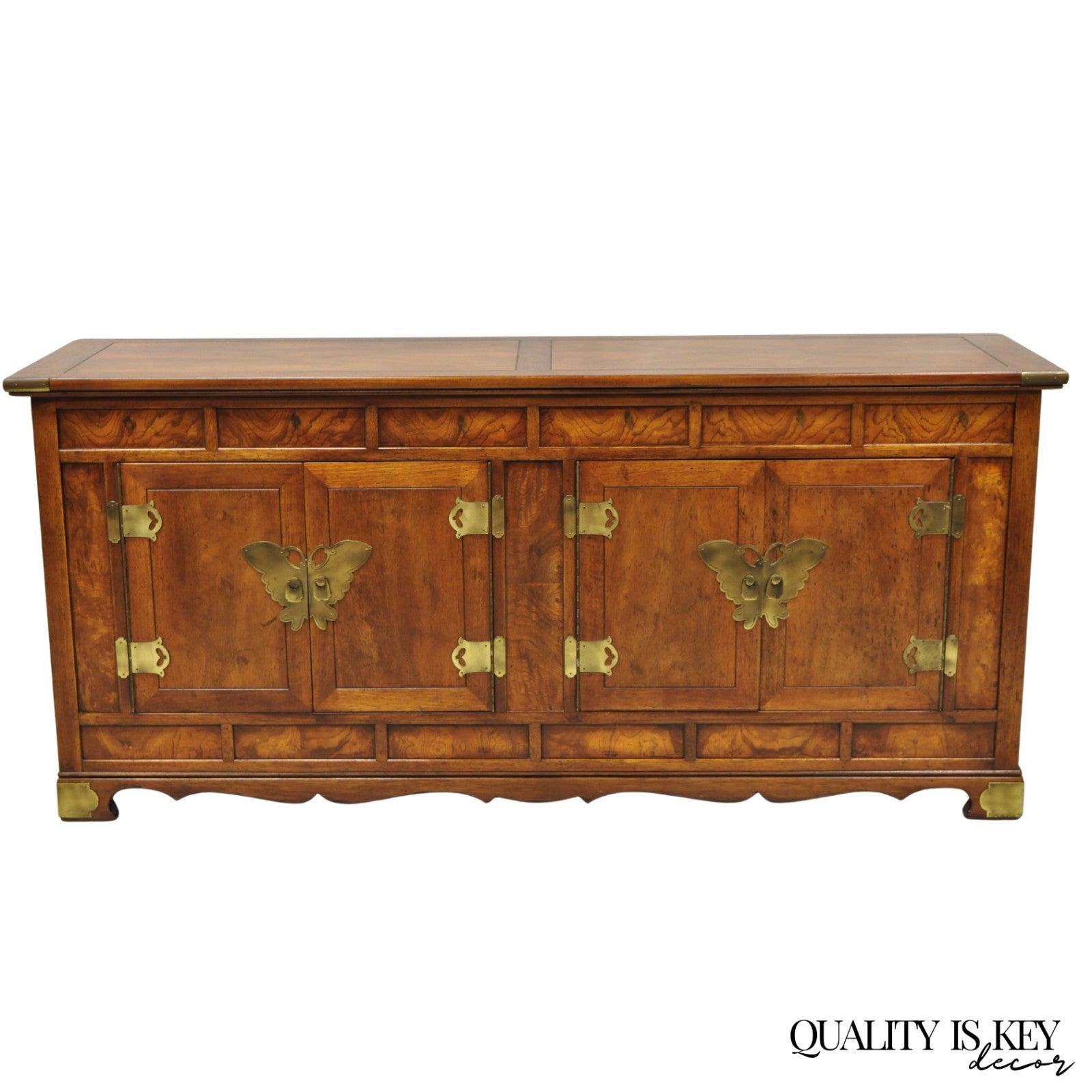Vintage Henredon Chinoiserie Brass Butterfly Burl Wood Credenza Cabinet Buffet