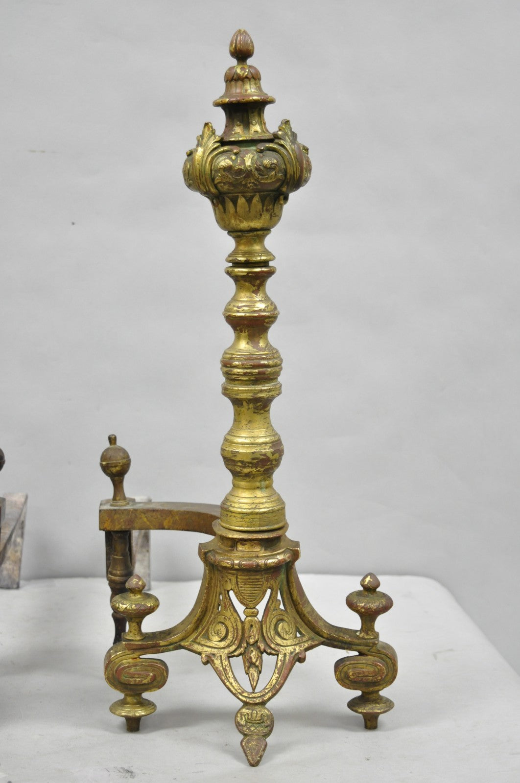 Antique French Baroque Louis XV Style Bronze Brass Andirons with Patina - a Pair