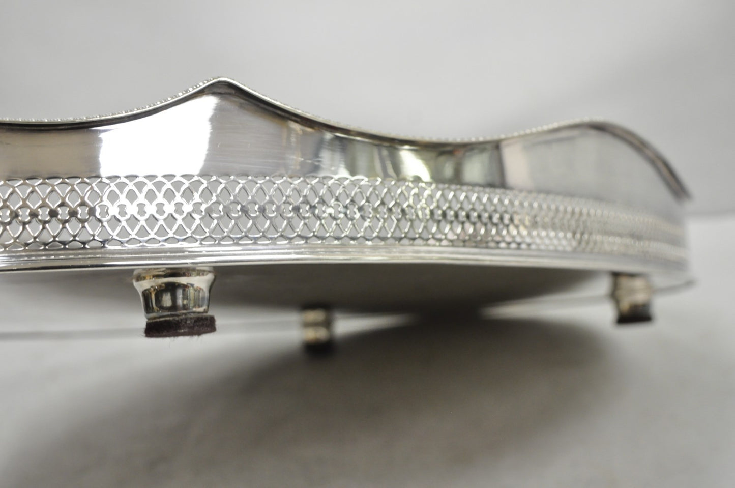 Antique English Edwardian Silver Plated Scalloped Oval Butlers Serving Bar Tray