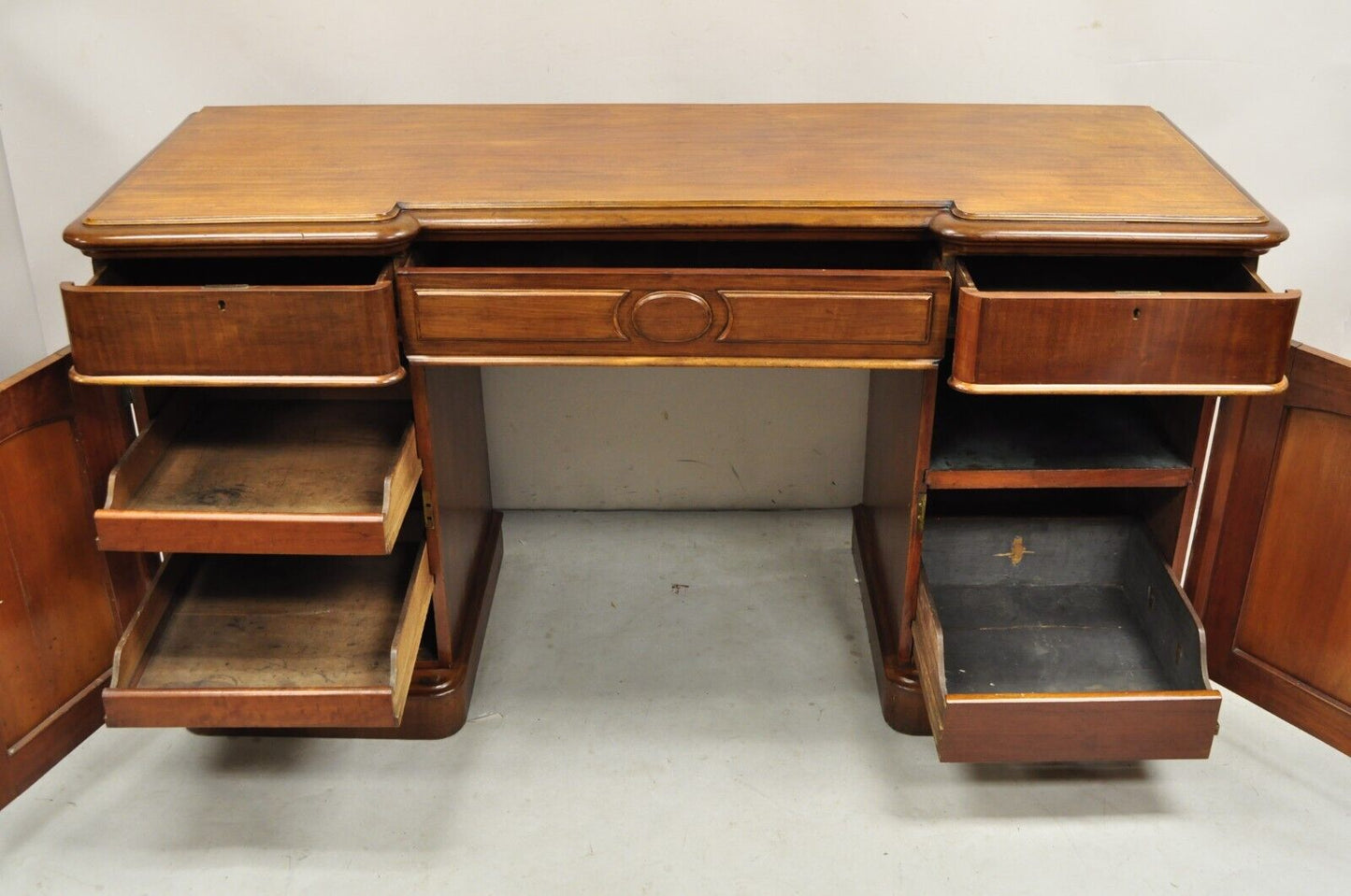 Antique English Empire Mahogany 3 Part Pedestal Sideboard Buffet With Drawers