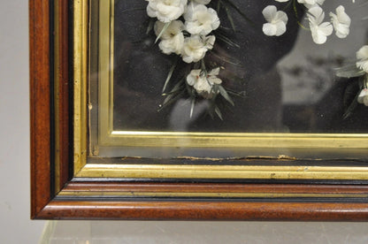 Antique Victorian White Feather Floral Mourning Wreath Mahogany Wood Shadow Box