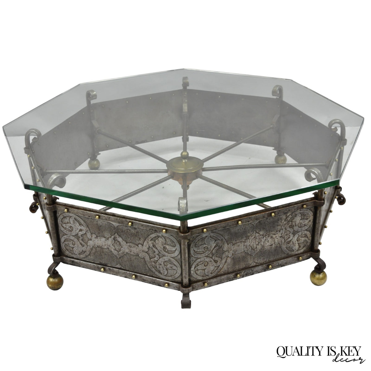 Antique Gothic Spanish Renaissance Steel Brass Octagonal Glass Top Coffee Table