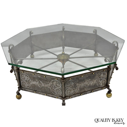 Antique Gothic Spanish Renaissance Steel Brass Octagonal Glass Top Coffee Table