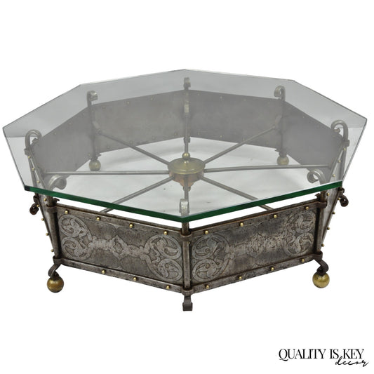 Antique Gothic Spanish Renaissance Steel Brass Octagonal Glass Top Coffee Table