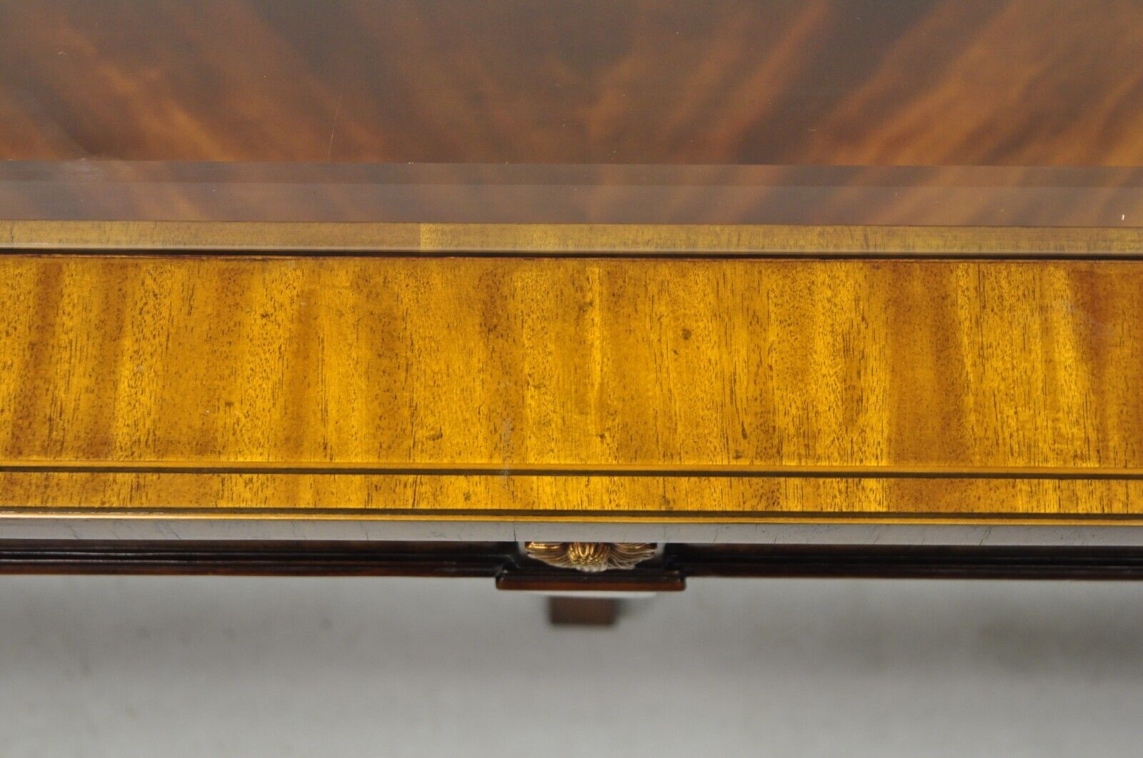 Maitland Smith Empire Style Large Banded Inlay Mahogany Glass Top Coffee Table