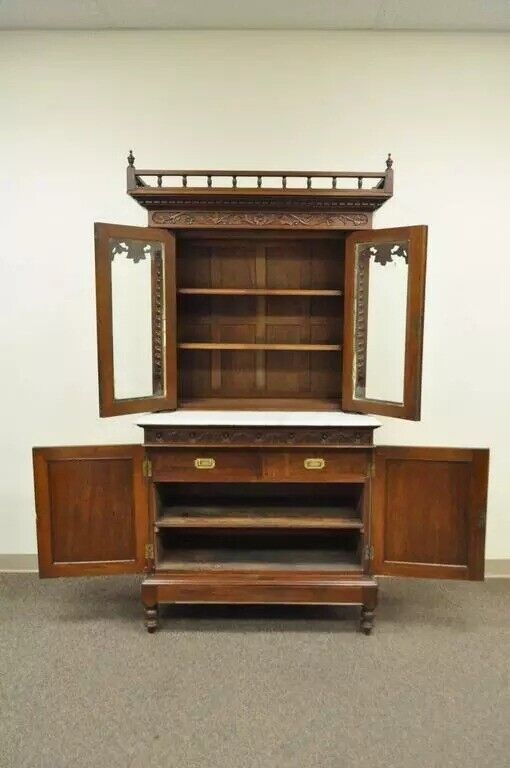 19th C. French Renaissance Carved Walnut Marble Top Bookcase Buffet Cabinet