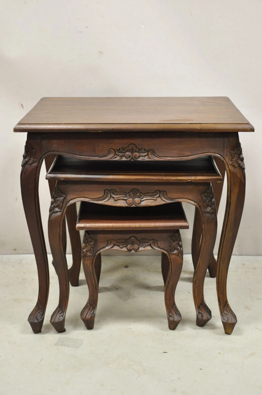Vintage French Rococo Baroque Style Mahogany Nesting Side Tables - Set of 3