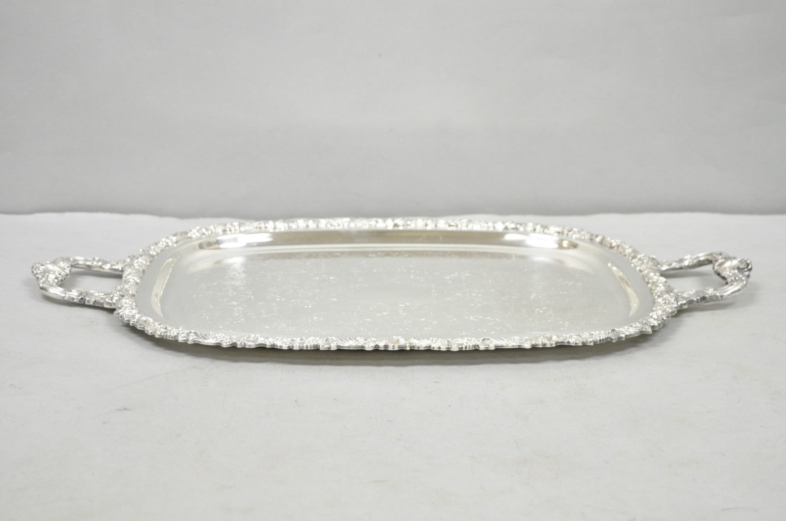 Vintage Gorham YC1466 Silver Plated Floral Repousse Bar Serving Tray w Handles