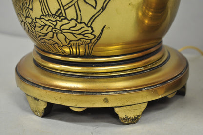 Vintage Chinoiserie Brass Stacked Beehive Table Lamps with Floral Etching - Pair