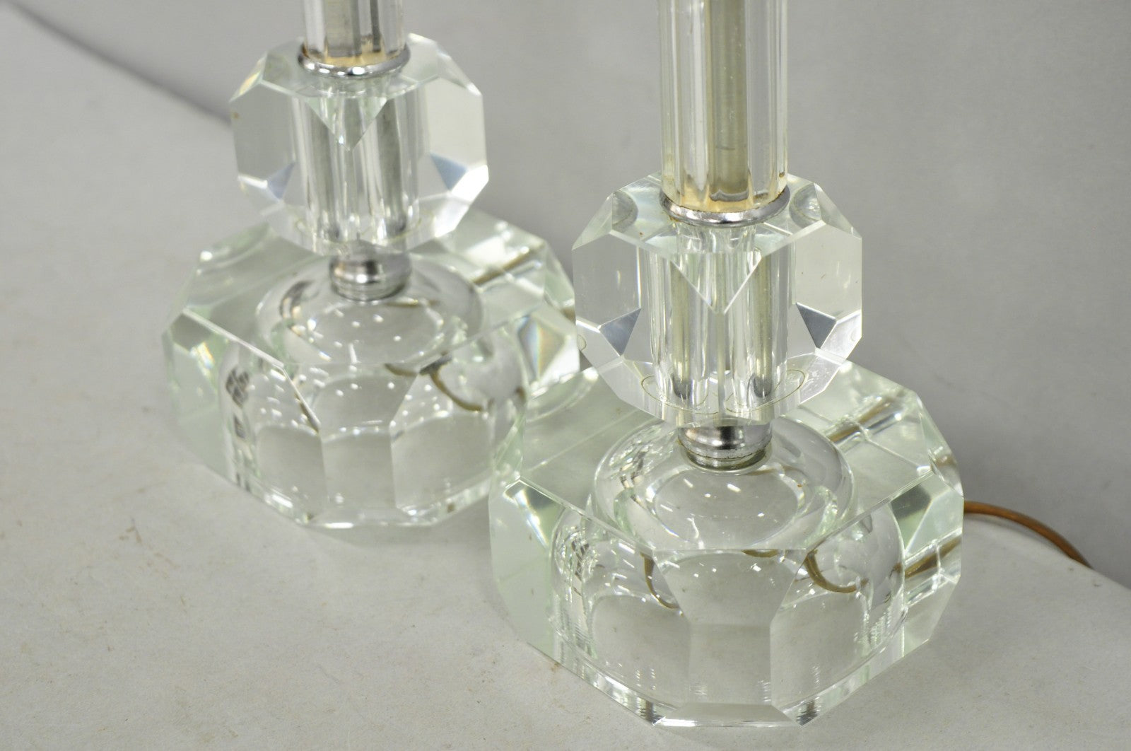 Vintage Art Deco Glass Column Candlestick Small Boudoir Vanity Bedroom Lamp Pair