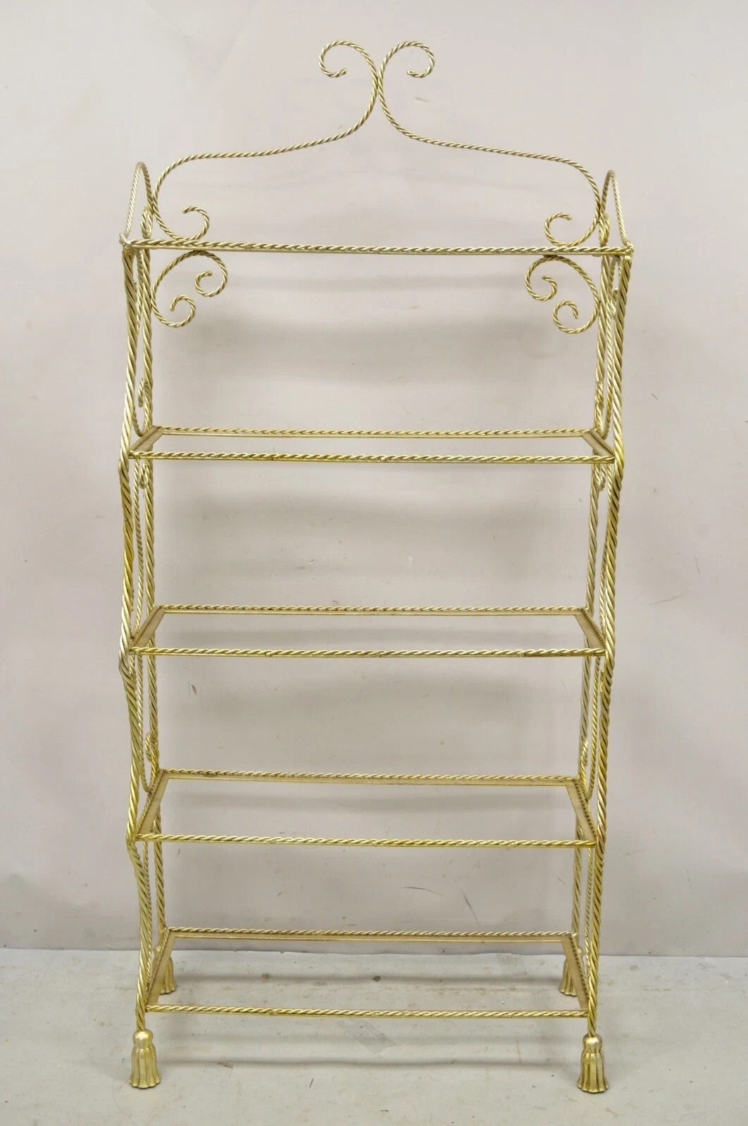 Italian Hollywood Regency Iron Rope Tassel Silver Gold 5 Tier Etagere Bookcase