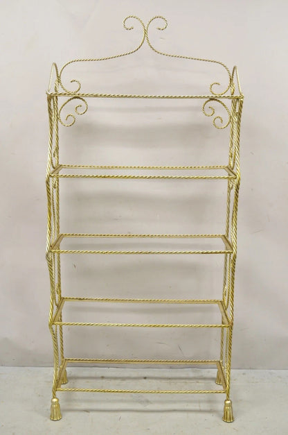 Italian Hollywood Regency Iron Rope Tassel Silver Gold 5 Tier Etagere Bookcase